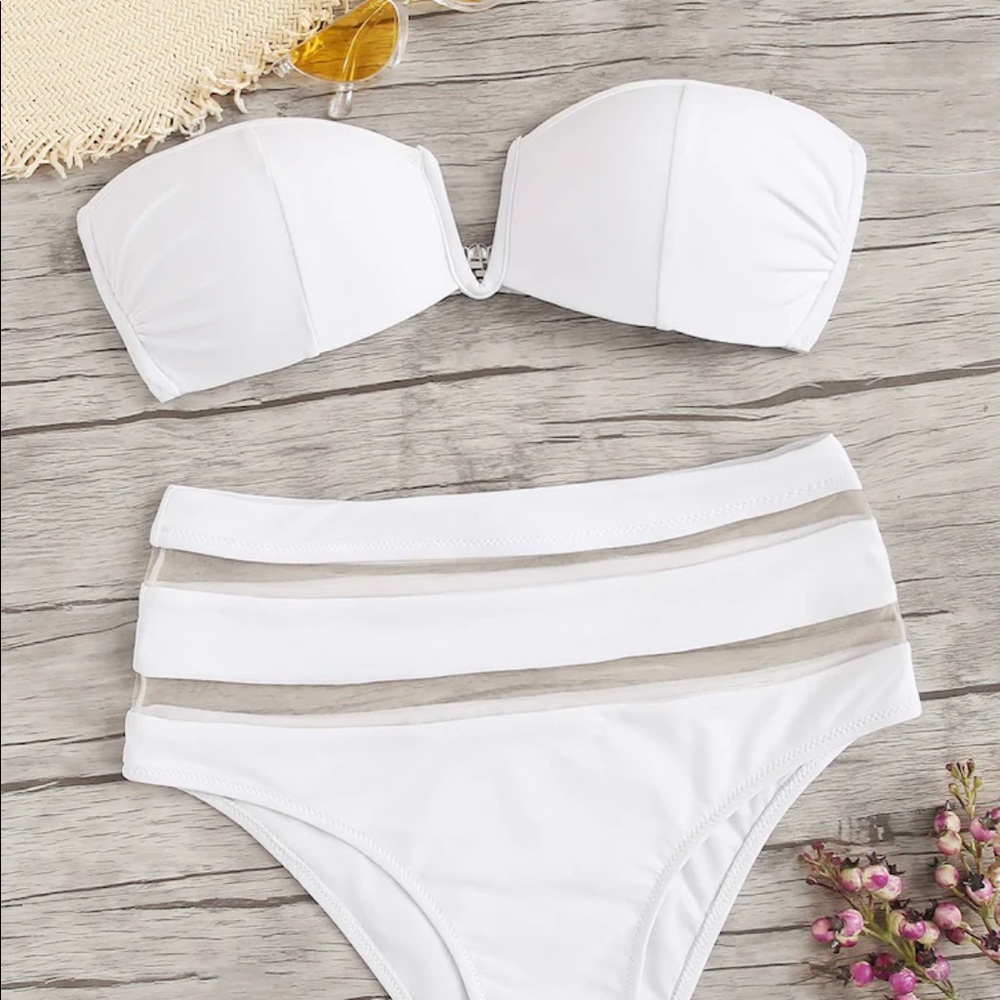 SHEIN WHITE BANDEAU BIKINI HIGH WAISTED SMALL